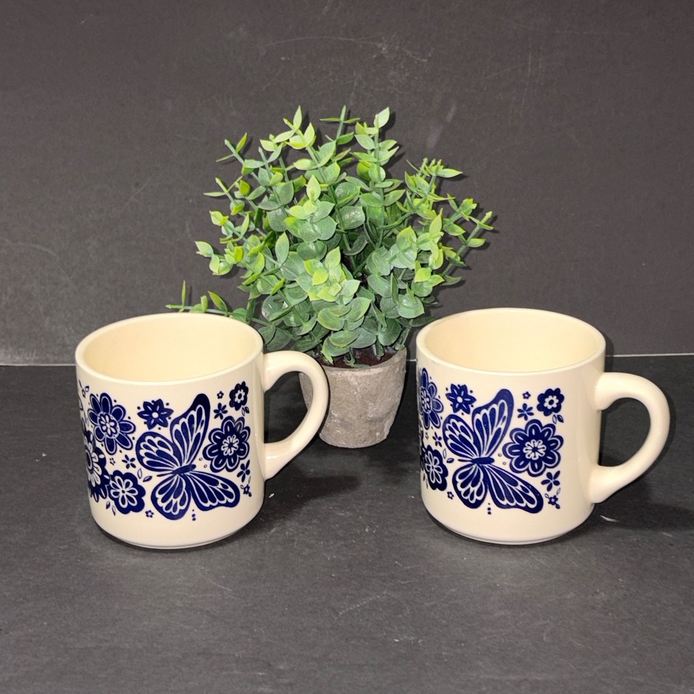 Vintage USA Pottery Blue Butterfly Floral Stoneware Coffee Mug Set of 2